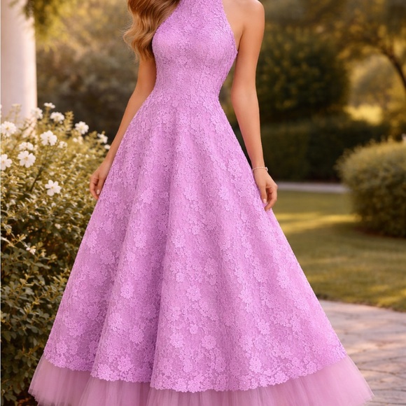 Blush prom halter, sleeveless Lilac Lace
3-D floral for prom or special occasion - Picture 5 of 15